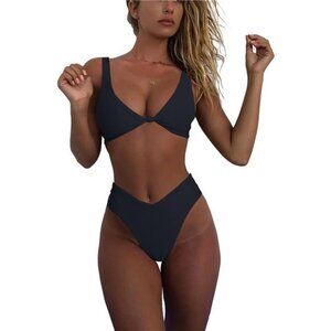 Women Black‎ Summer Bikini Set  Solid V Neck Knot Front Push Up High Leg Thong